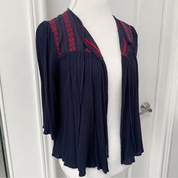 After Market - Navy Crepe Blouse with Red Floral Embroidery - Picture 6 of 10
